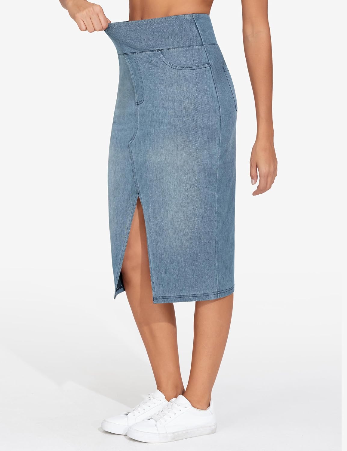 Thumbnail 1 de THE GYM PEOPLE Women's High-Waist Knee-Length Stretch Denim Skirt with Front Slit