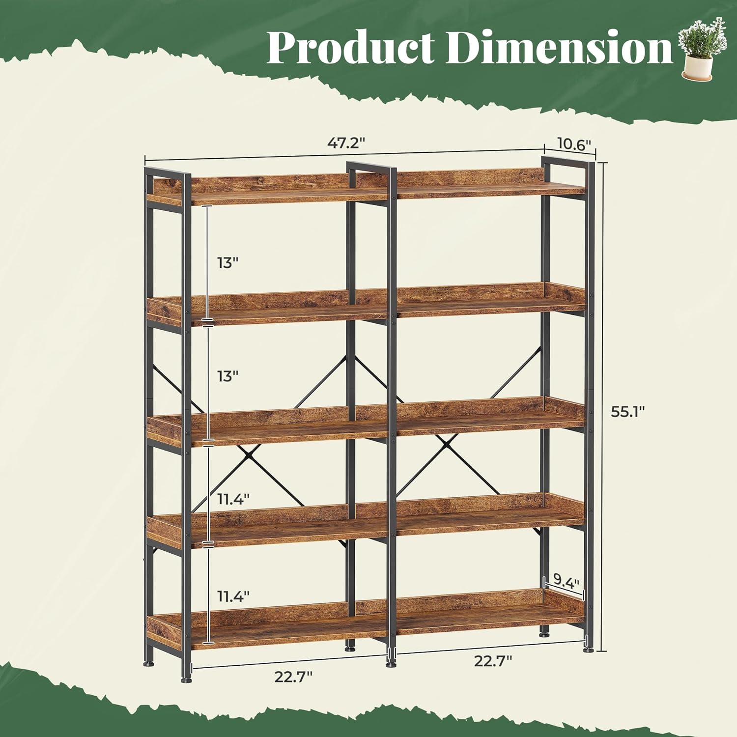 Detalle de Huuger 5-Tier Bookshelf with 10 Open Shelves, Raised Edges, Rustic Brown