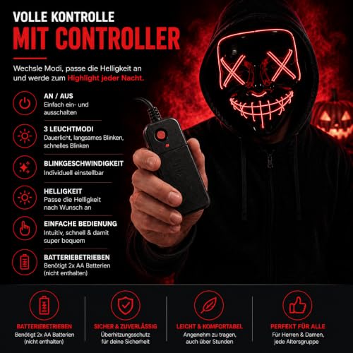 Thumbnail 6 de TK Gruppe Timo Klingler maschera horror rossa a LED con 3 effetti luminosi