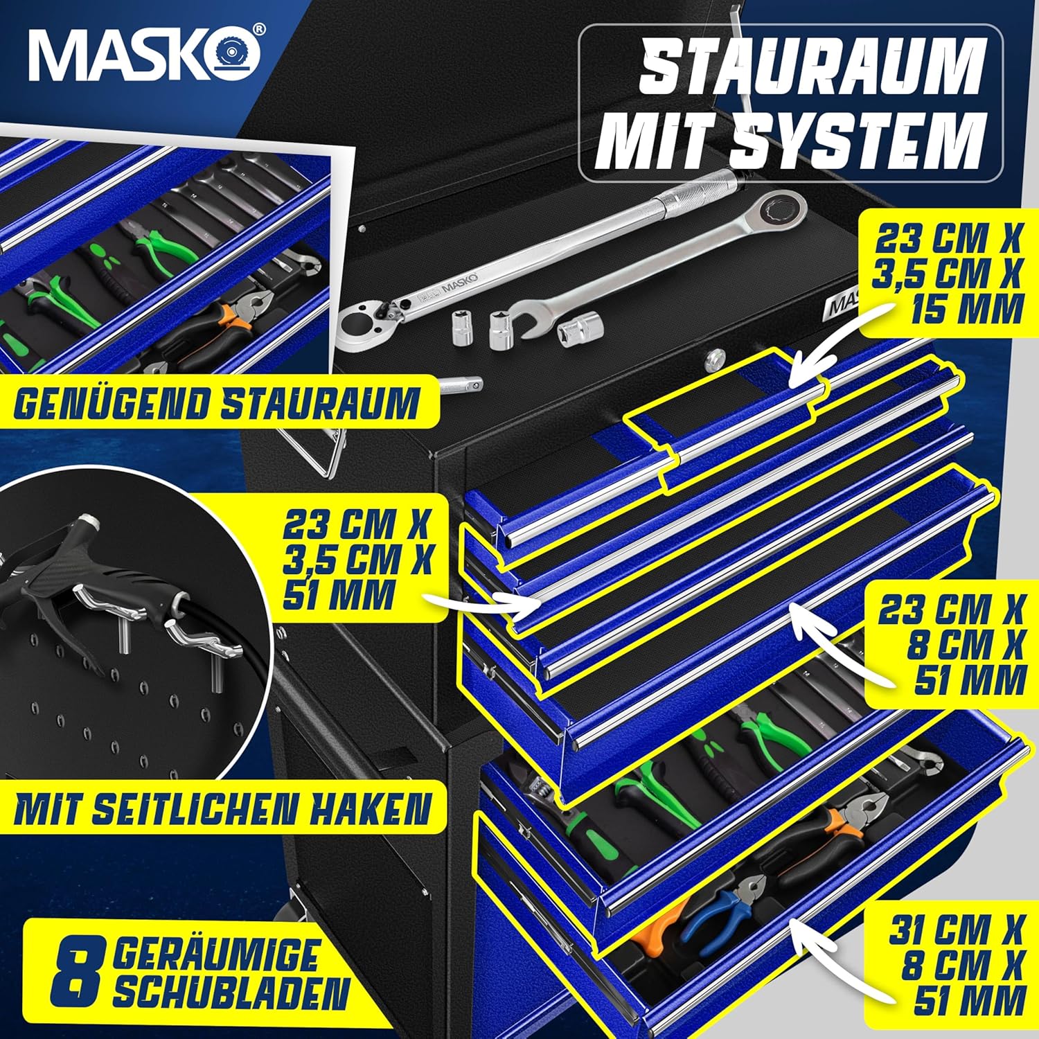 Thumbnail 3 de MASKO Werkstattwagen inkl. Koffer mit Schloss – 9 abschließbare Fächer, massives Metall, blau