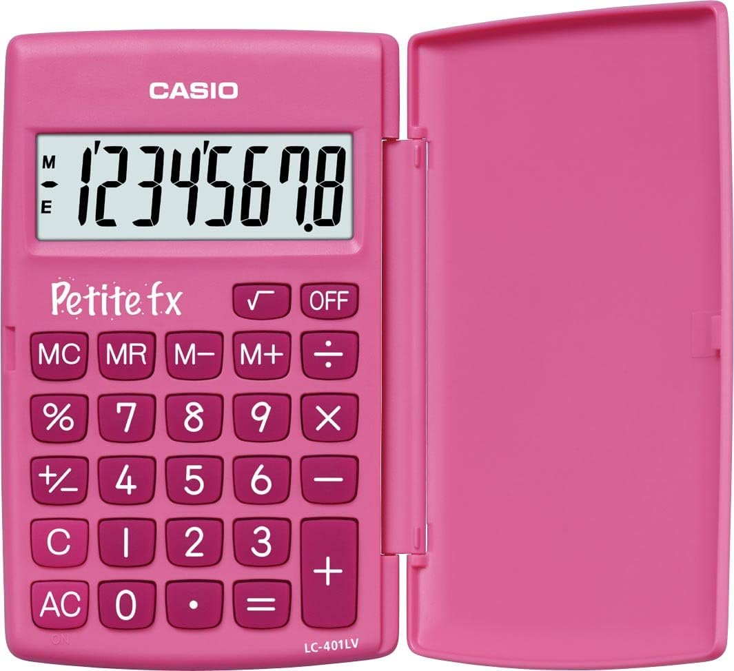 Detalle de CASIO Small FX LC-401LV skolräknare, rosa med 8-siffrig display och vridbart lock