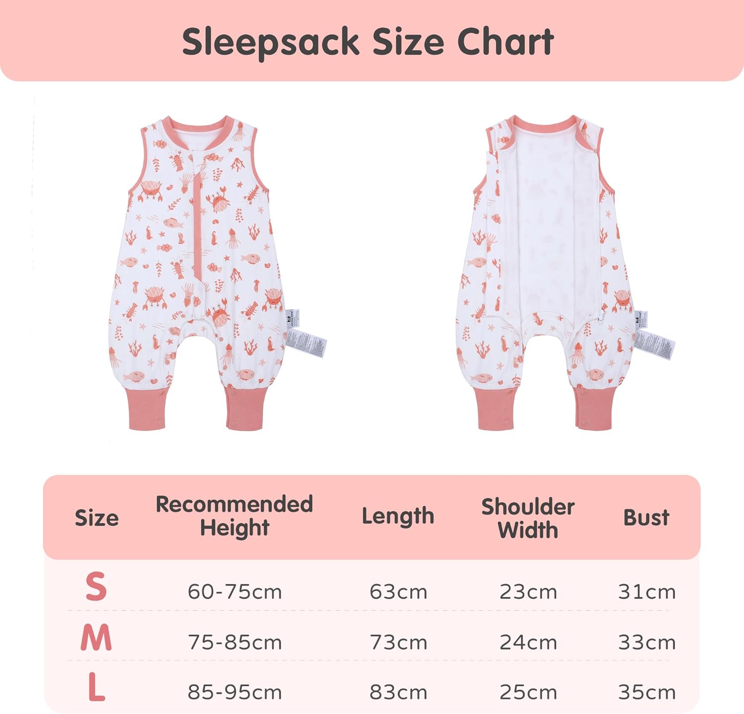 Thumbnail 2 de Baby Schlafsack mit Füßen 1.0 TOG aus 100% Baumwolle (Koralle, M) – ideal für Frühling & Herbst