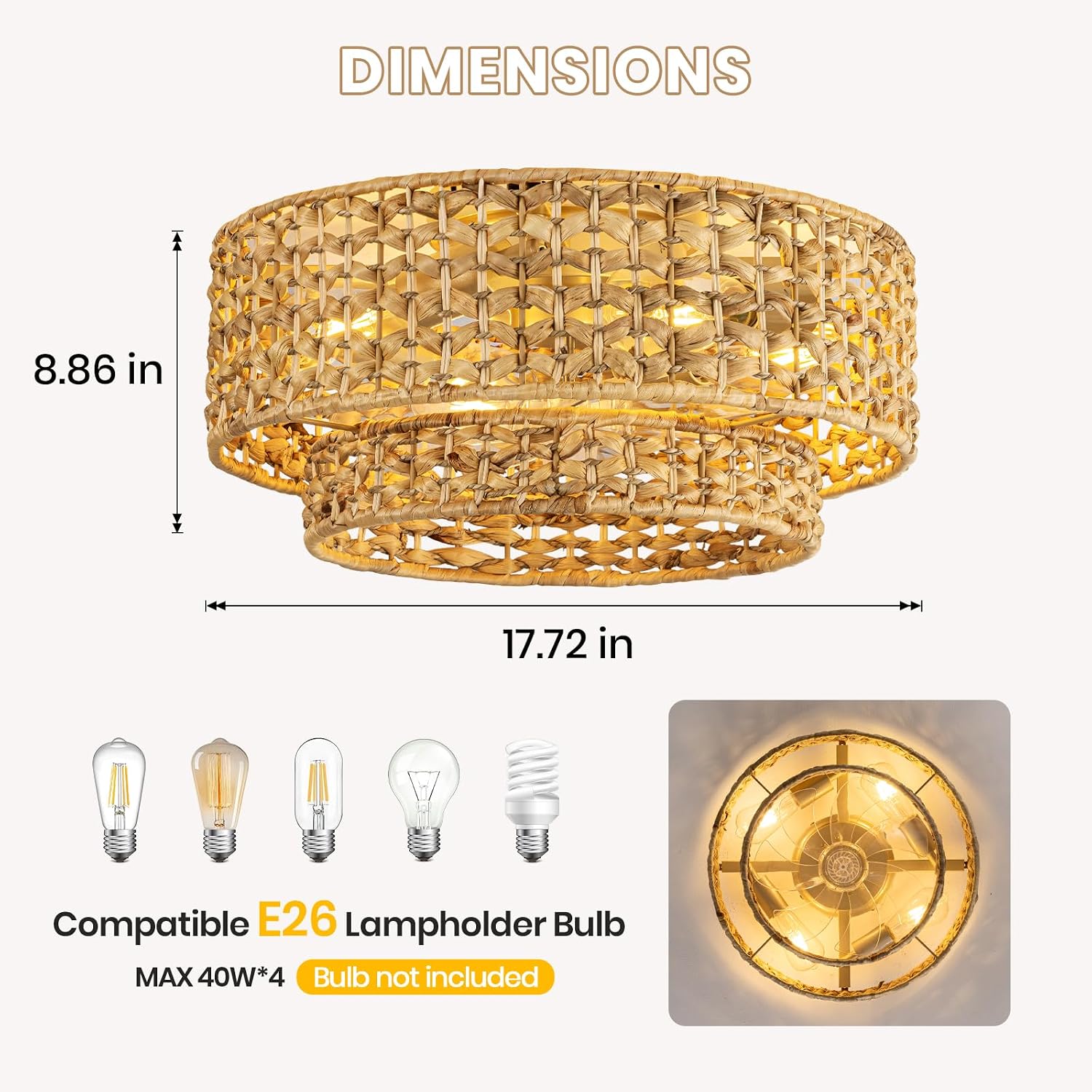 Thumbnail 5 de OKES Boho Caged Ceiling Fan with Light, Handwoven Rattan, Remote, 6 Speeds
