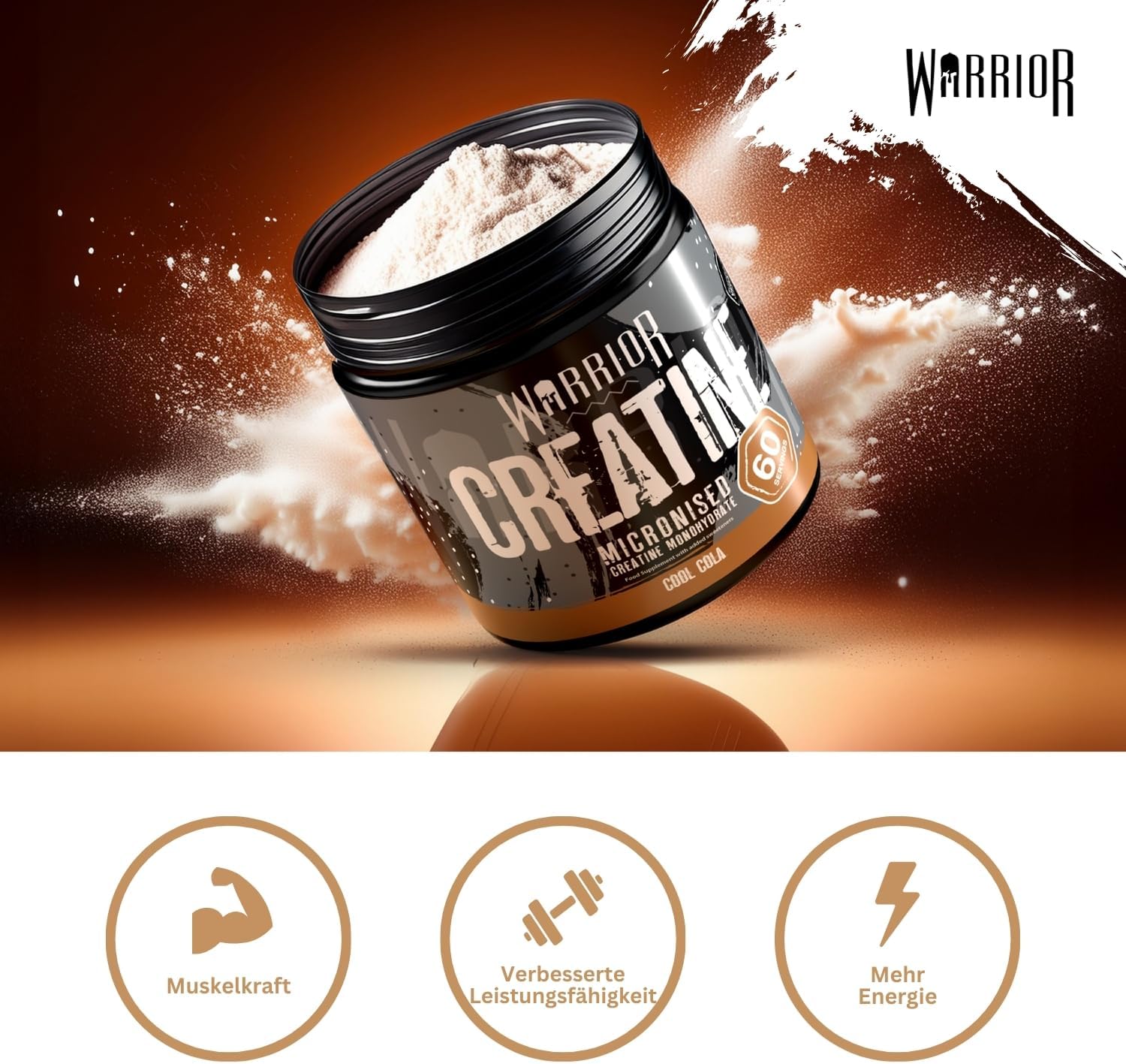 Detalle 2 de Warrior Creatin Monohydrat Pulver (300 g, 60 Portionen) – vegan, mikronisiert – Cool Cola