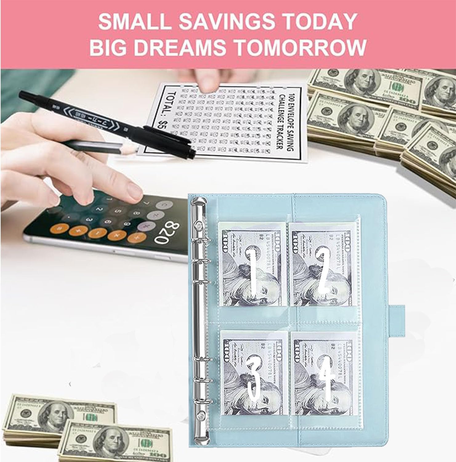 Thumbnail 3 de UOCLERY 100 Envelopes Money Saving Challenge Binder, Blue + Black, $5,050 Goal
