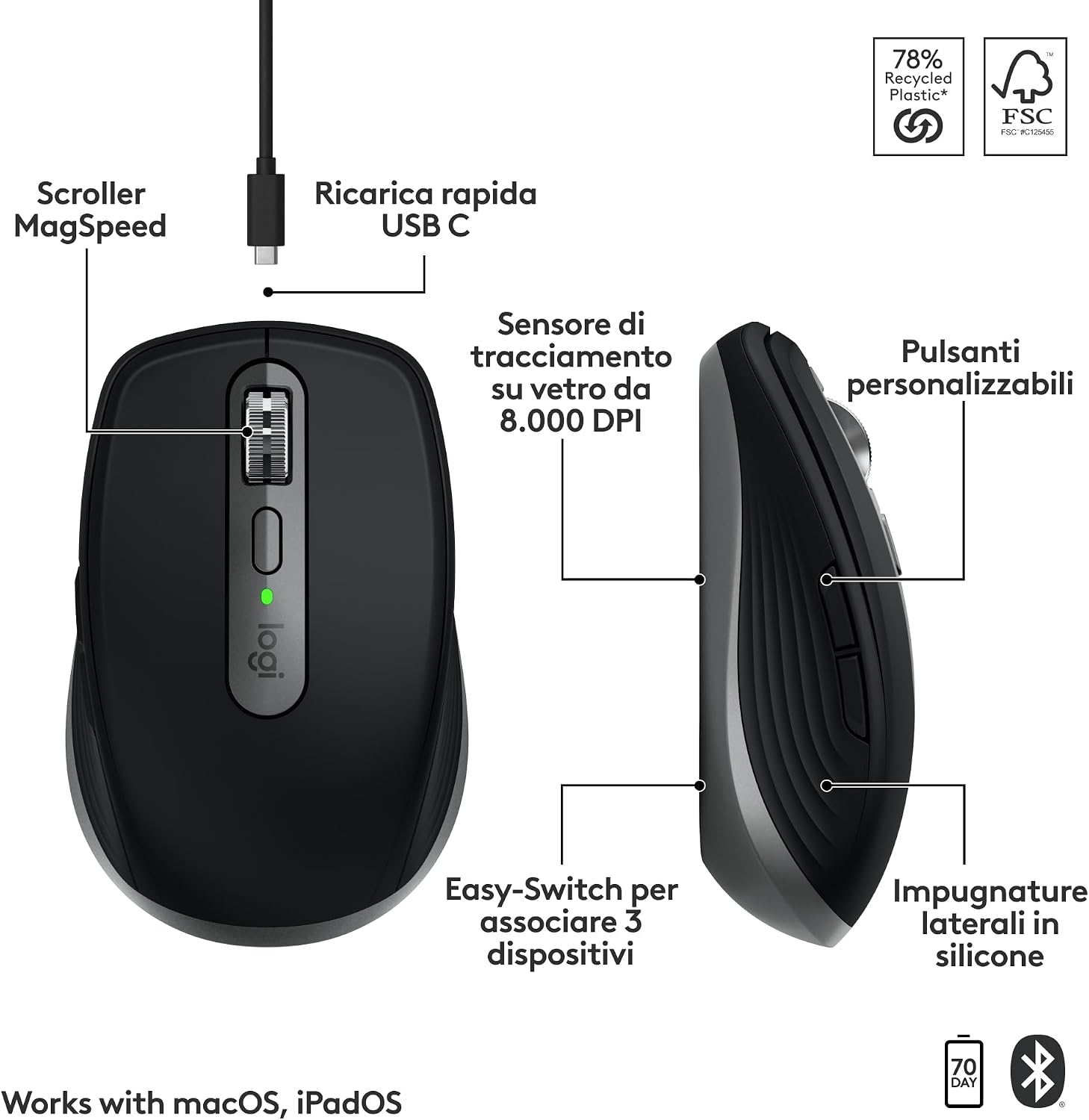 Thumbnail 6 de Logitech MX Anywhere 3S for Mac (Space Gray) mouse wireless Bluetooth compatto per Mac