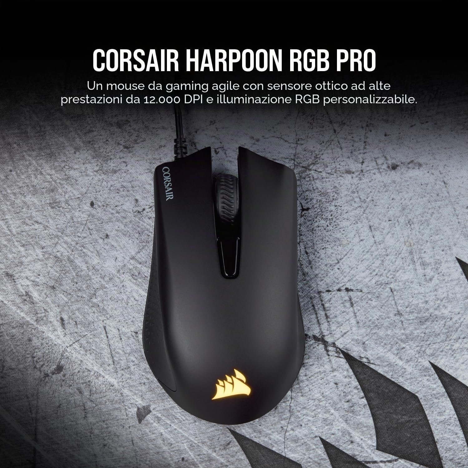 Detalle de Corsair Harpoon PRO RGB mouse gaming ottico leggero da 85 g con 6 pulsanti programmabili e LED RGB