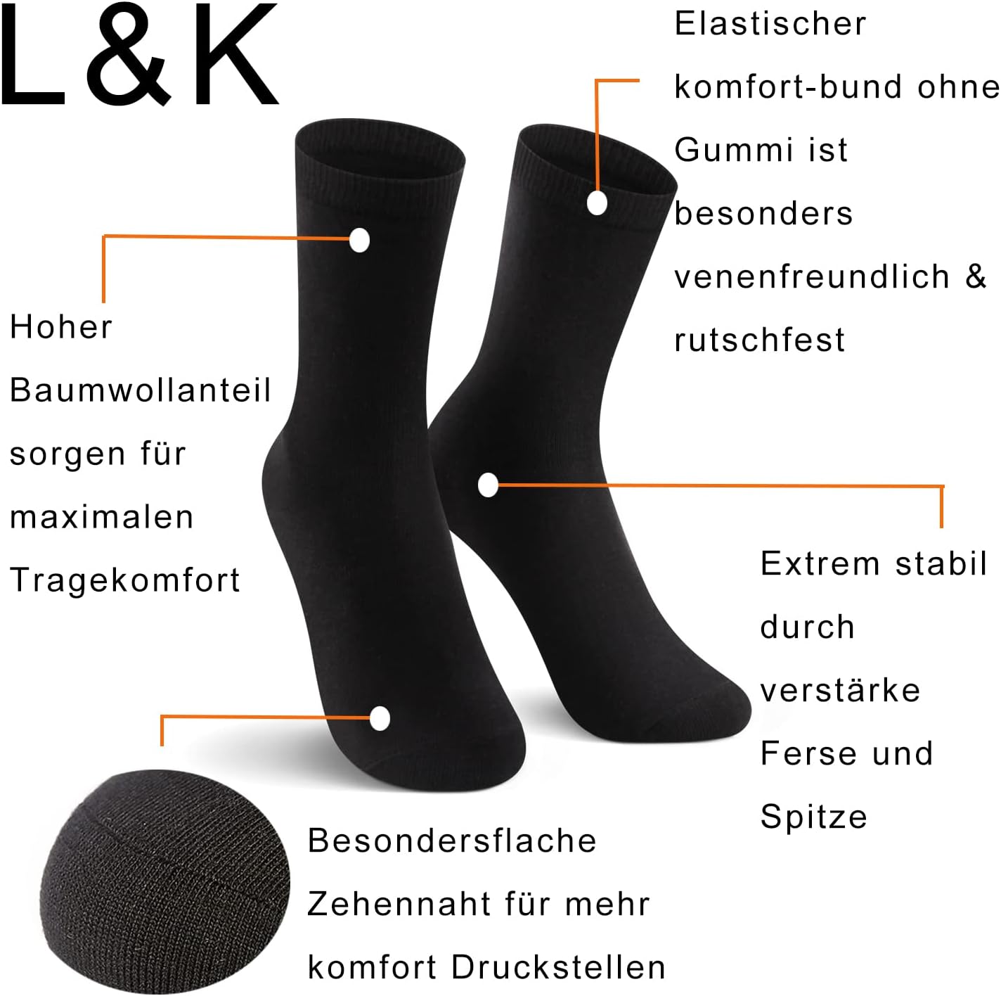 Thumbnail 5 de L&K-II (12/24 paires) chaussettes coton respirantes homme & femme 43-46/39-42 noir et blanc
