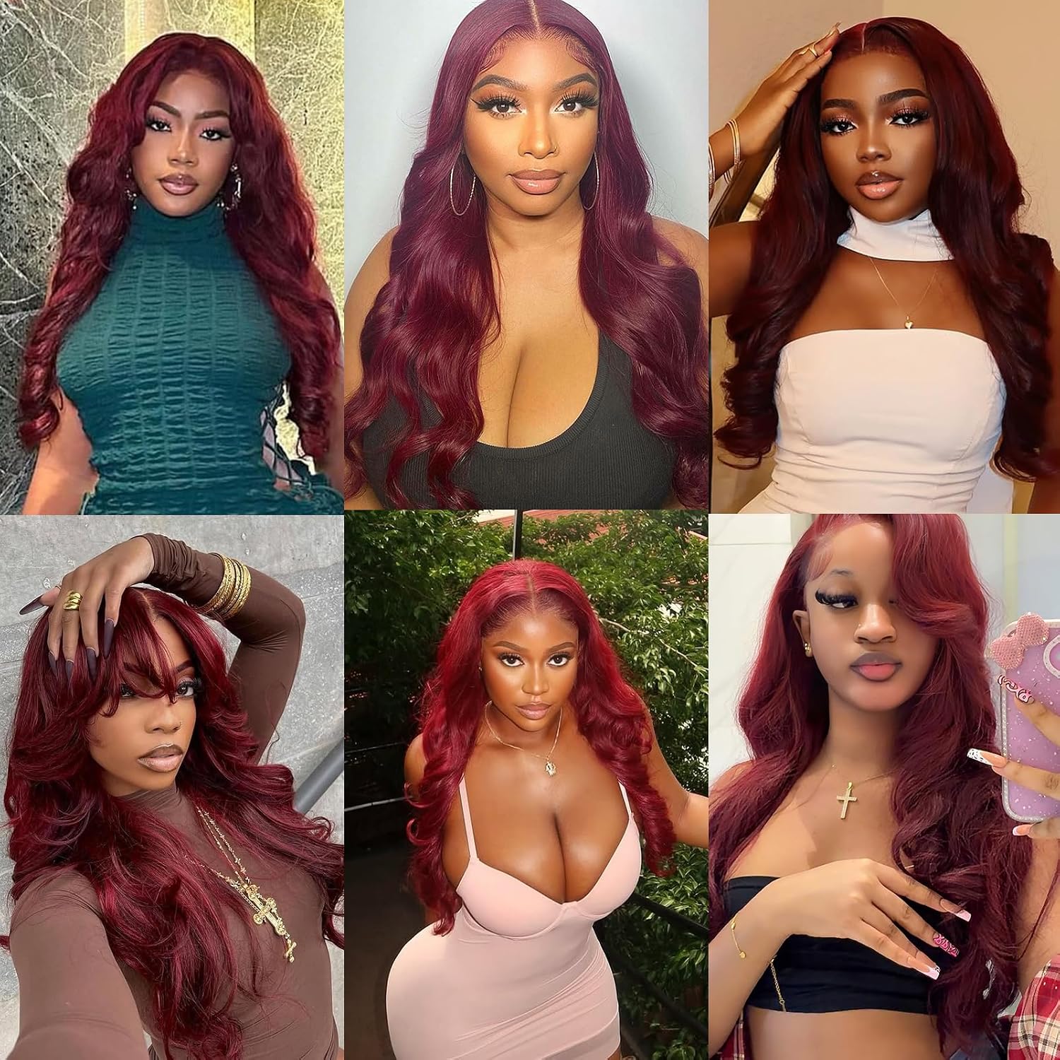 Detalle 1 de QZOQZO 99J Burgundy 24-Inch Human Hair Lace Front Wig, 13x6 Body Wave