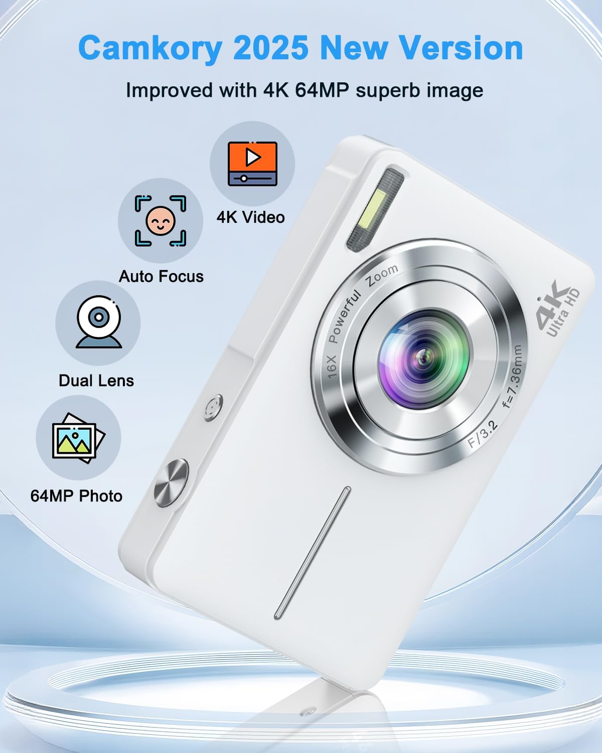 Detalle de 4K Digital Camera (64MP Autofocus Point-and-Shoot) with Front & Rear Vlogging Cameras, Flash, 16X Zoom, 32GB Card