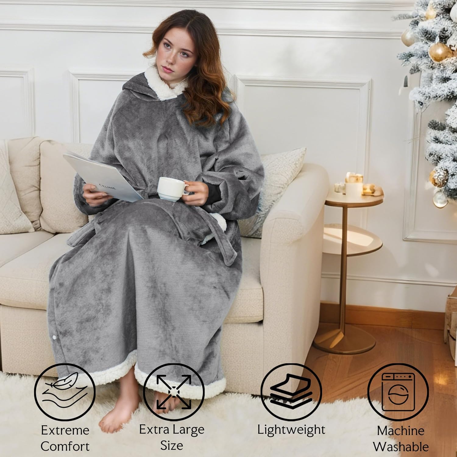 Detalle de Wearable Hoodie Blanket Soft Sherpa Fleece with Big Pocket and Adjustable Belt