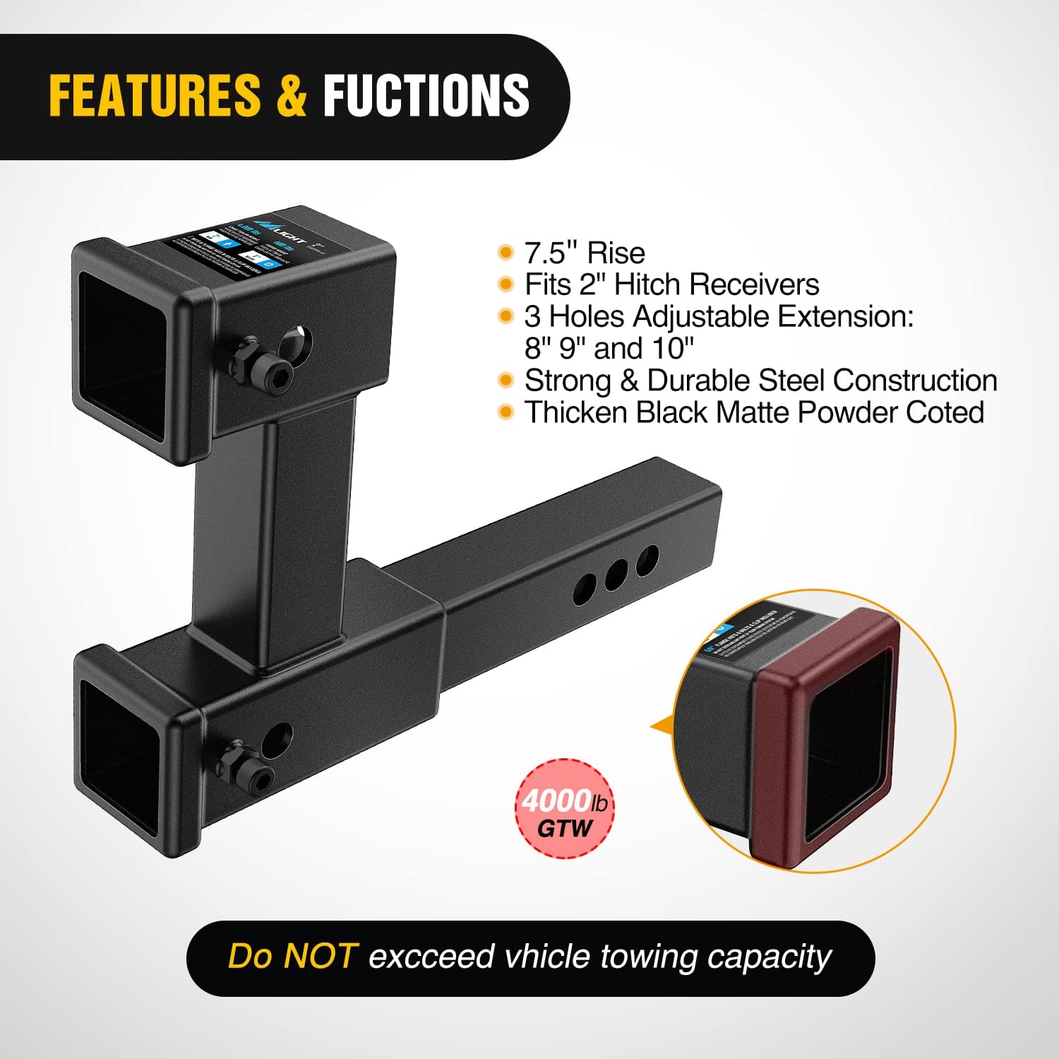 Detalle 2 de Nilight Dual Hitch Extension 10" receiver