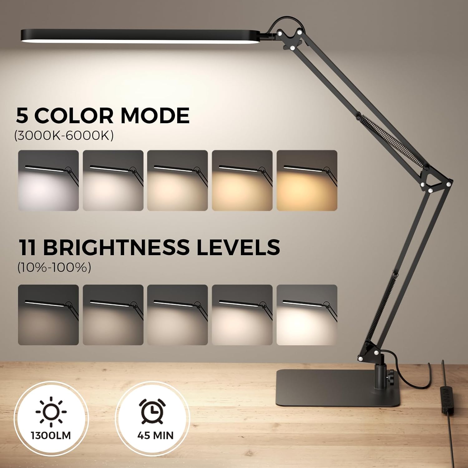Thumbnail 1 de SKYLEO slim-base LED desk lamp with adjustable swing arm, dimmable timer & memory function (black)