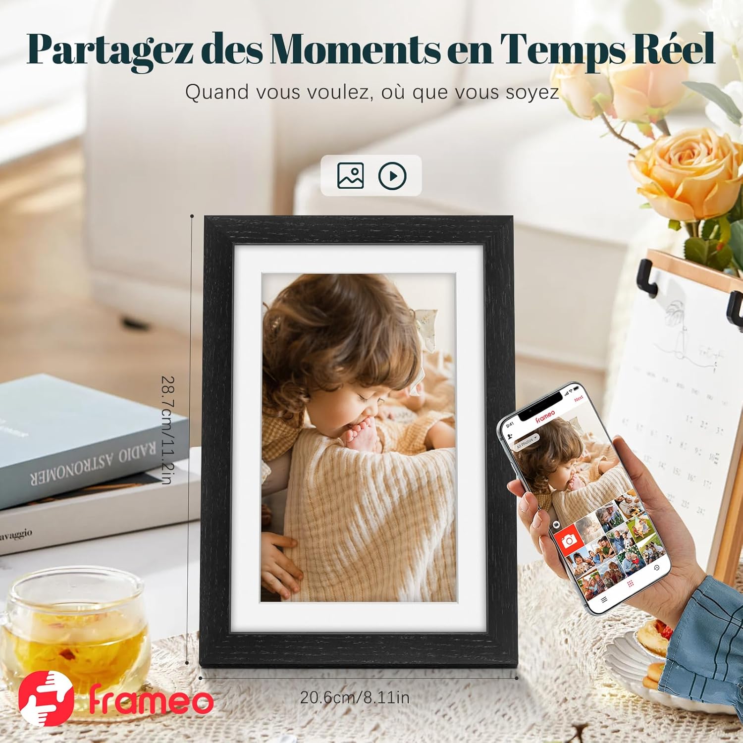 Thumbnail 6 de Frameo Cadre photo numérique WiFi 10,1 pouces en bois de chêne – écran tactile IPS, 32 GB