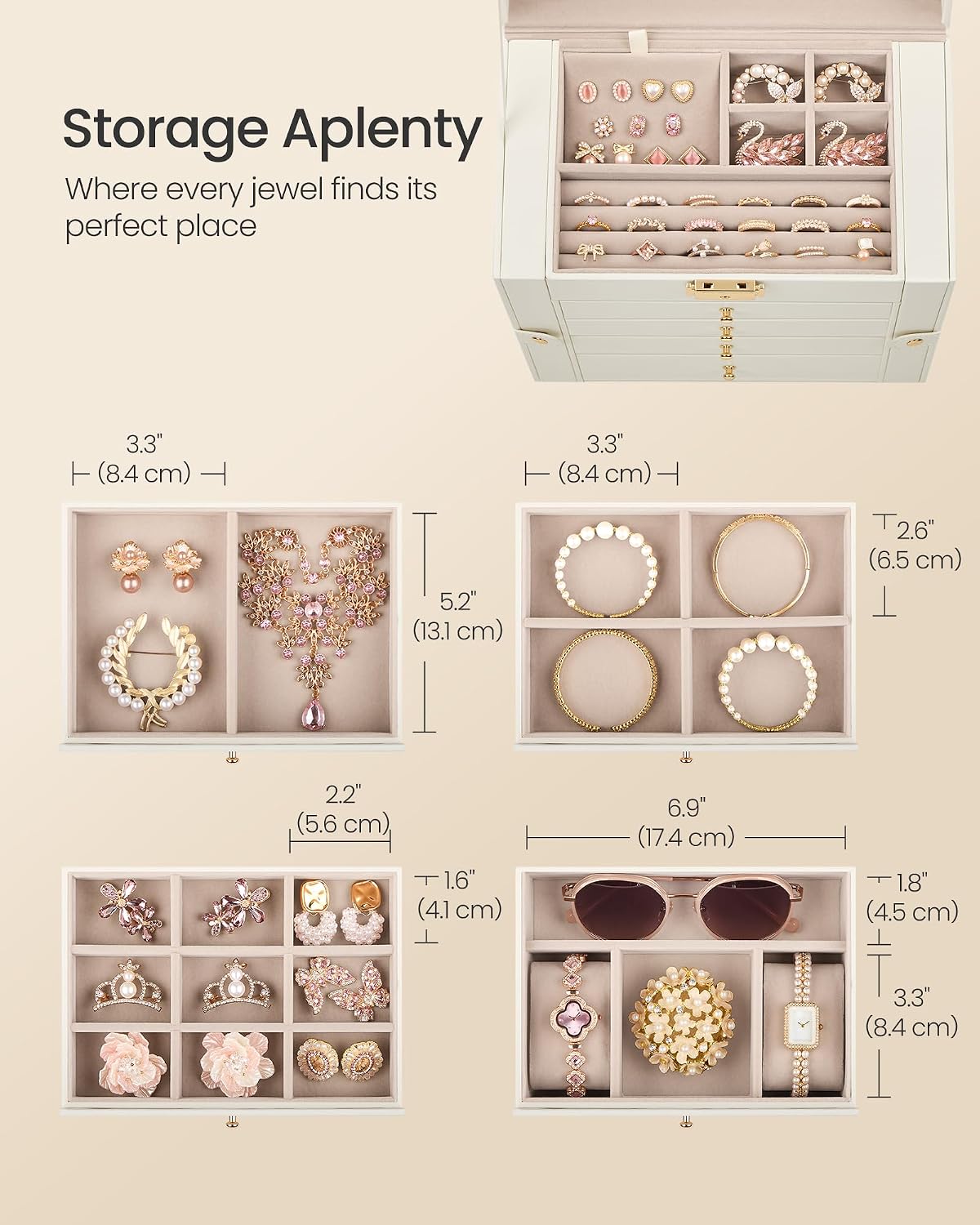 Detalle 2 de SONGMICS Jewellery Box 5 Layers Lockable Organiser with Mirror, Cream White (JBC153WD03)