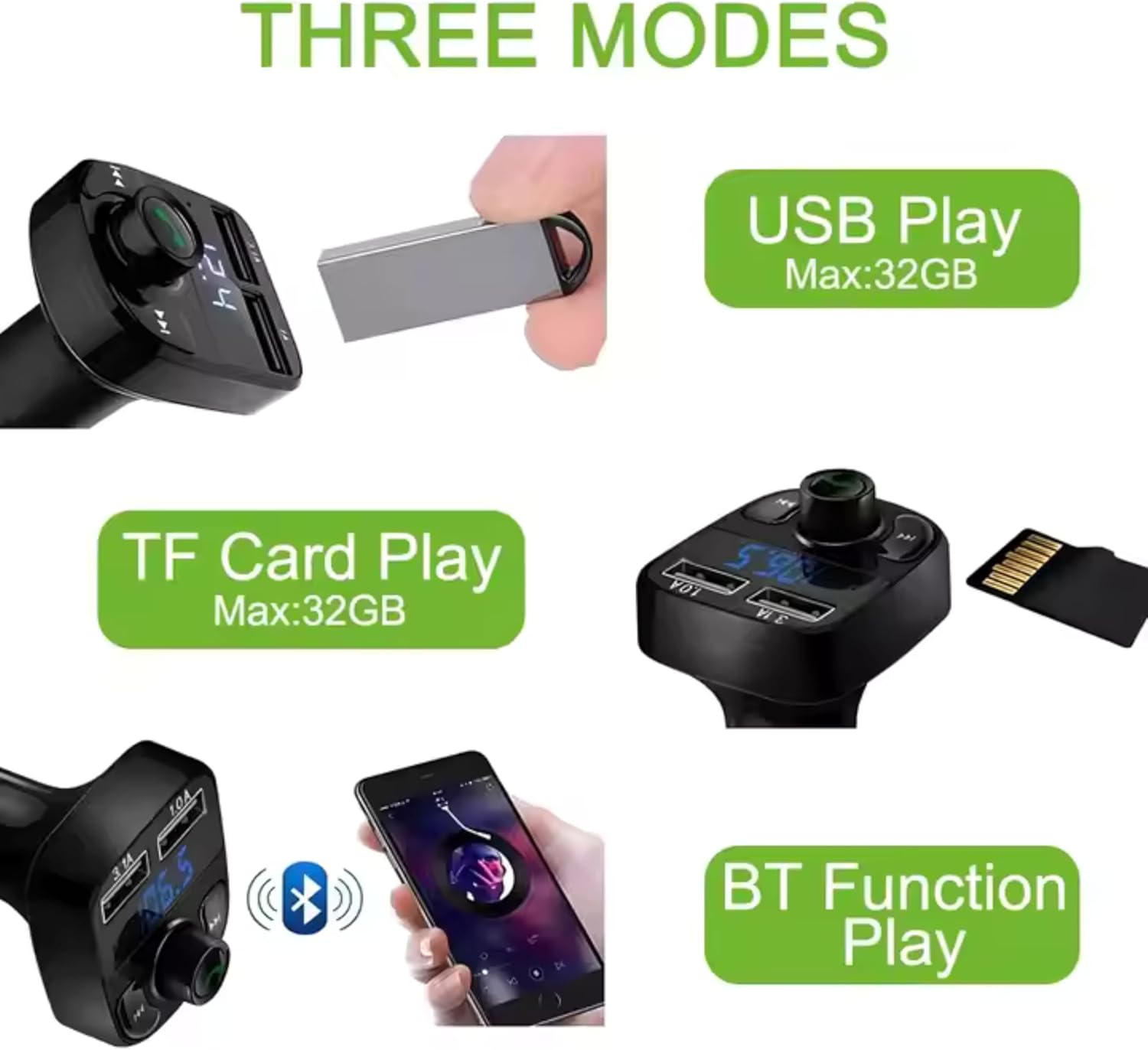 Detalle 2 de FM Transmitter, Bluetooth 5.3 Car Adapter with Dual USB Ports and Type-C Fast Charging