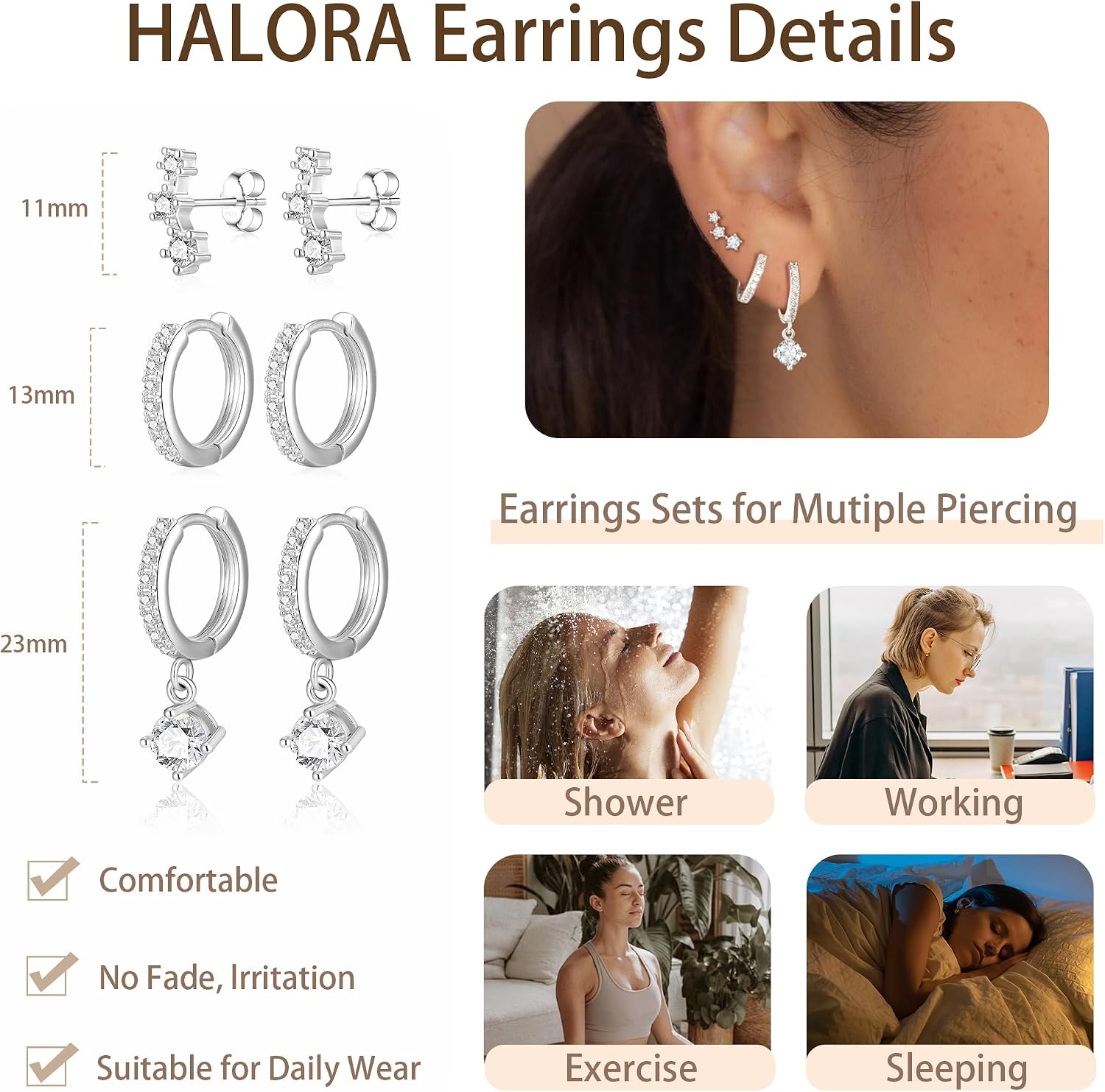 Detalle de Halora Silver Earrings for Women: 8 Styles in 3-Pair Sets – 925 Sterling Silver Hypoallergenic Studs & Hoops