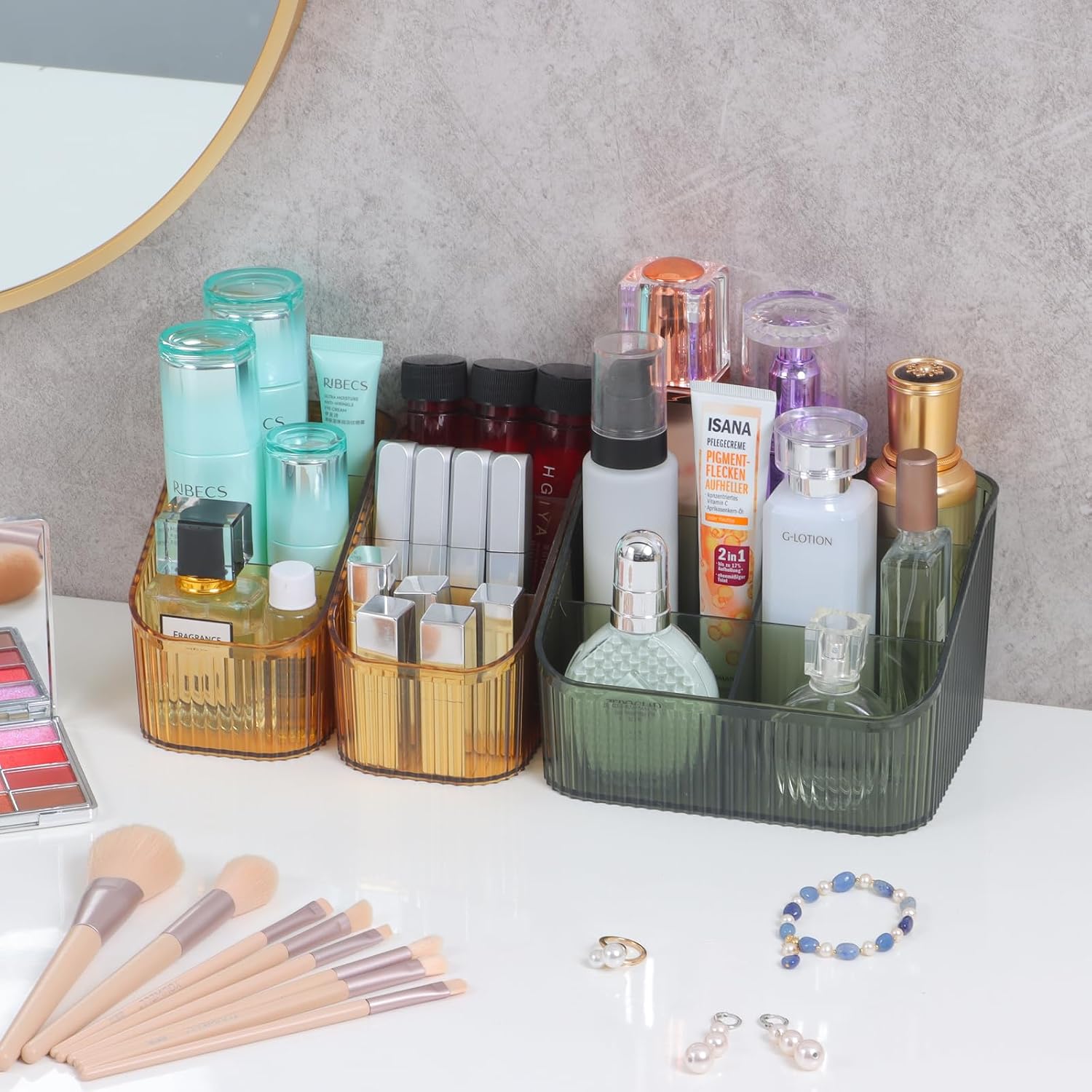 Detalle de OSteed Green Makeup Organiser Box for Vanity with 6 Cups
