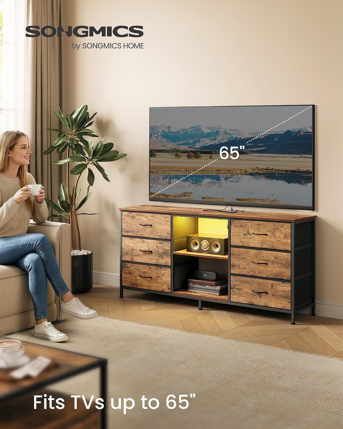Detalle 2 de SONGMICS ULGS132K101 TV Stand, Rustic Brown, 6 Drawers and 2 Shelves