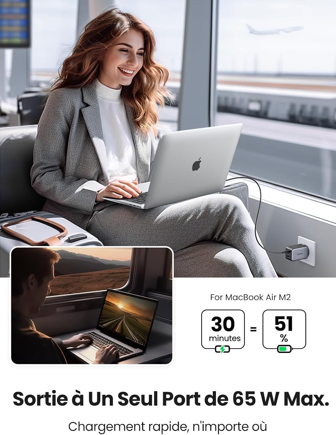 Detalle de UGREEN Nexode 65W Chargeur USB-C 3 Ports GaN – Noir