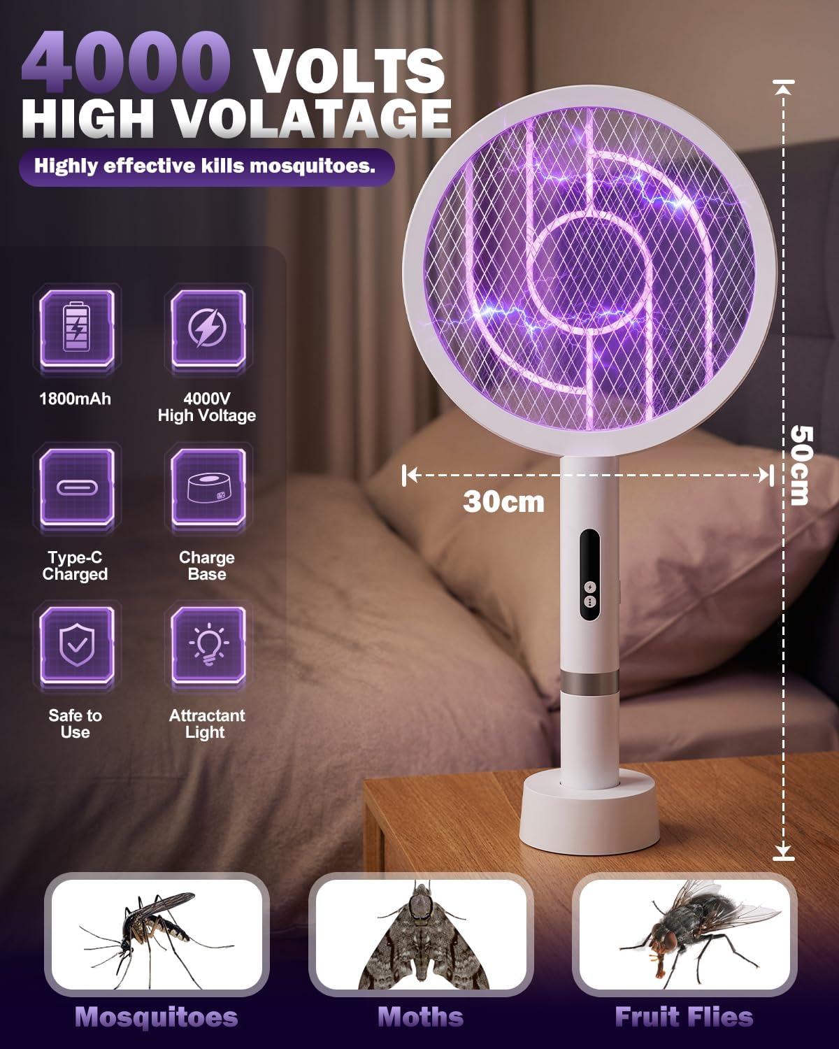 Detalle de Molxss Electric Fly Swatter Rechargeable – 1800mAh, 4000V Mosquito Zapper with USB-C & Charging Base