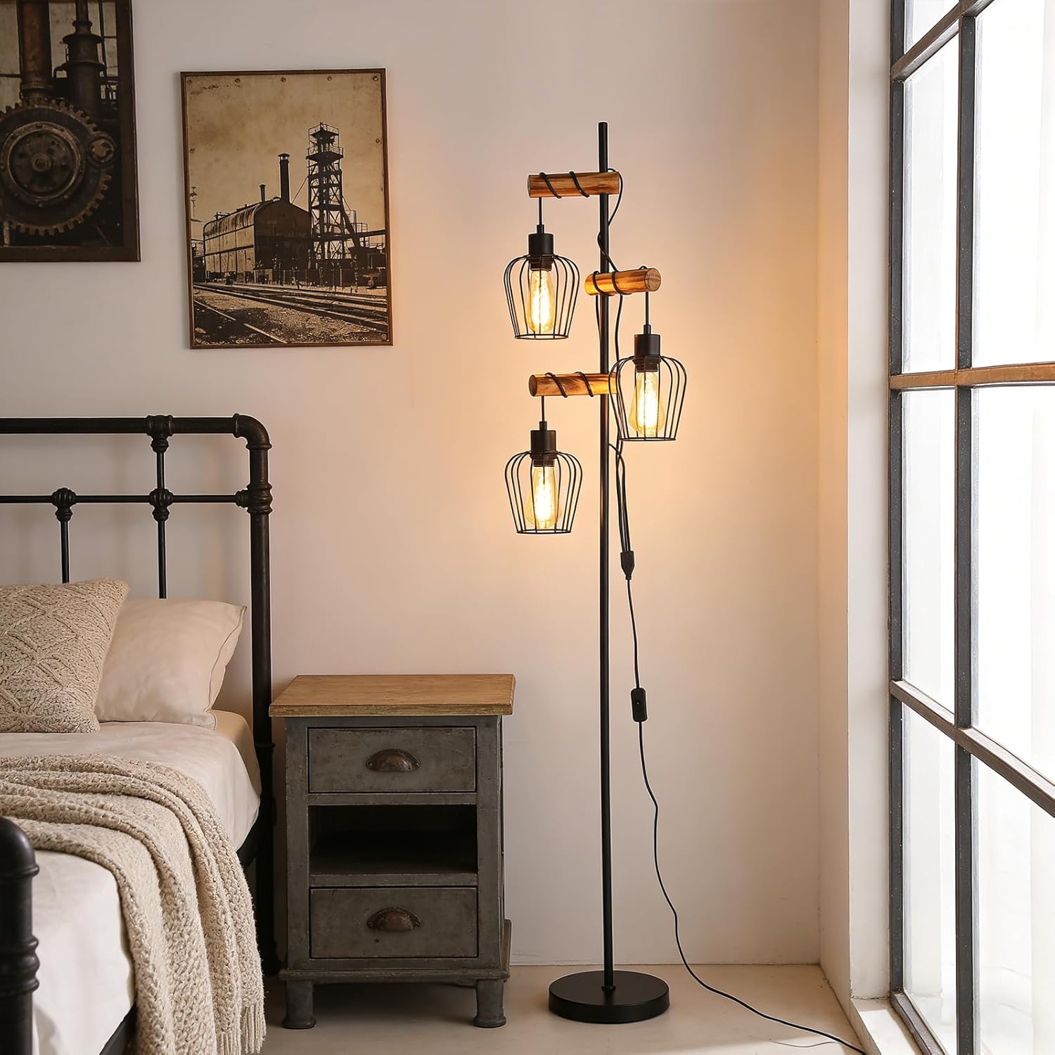 Thumbnail 1 de ZMH Vintage Stehlampe Wohnzimmer Holz – 3-flammig, Industriell, E27, rustikal
