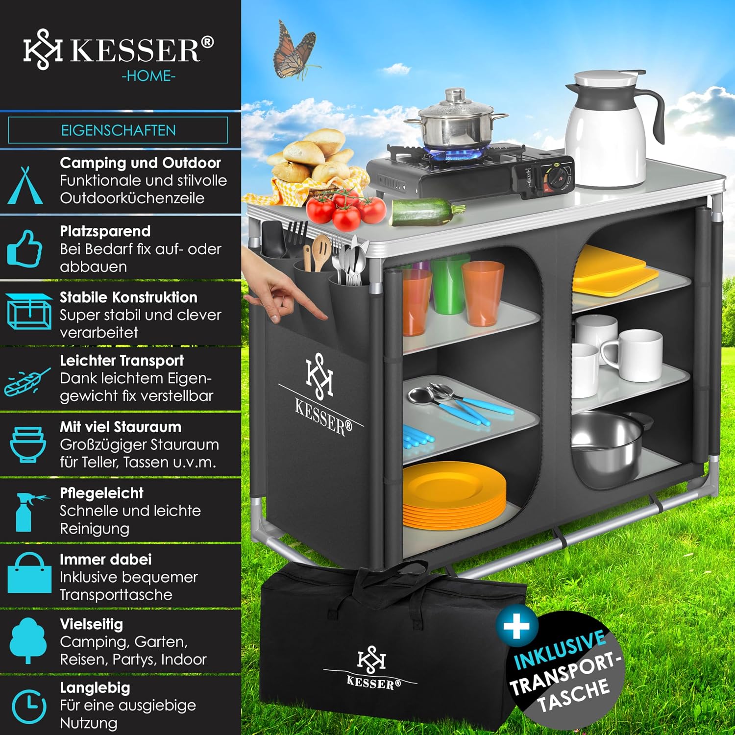 Detalle de KESSER Campingküche F6 – Tragetasche inklusive, robustes Aluminiumgestell, kompakte Reiseküche