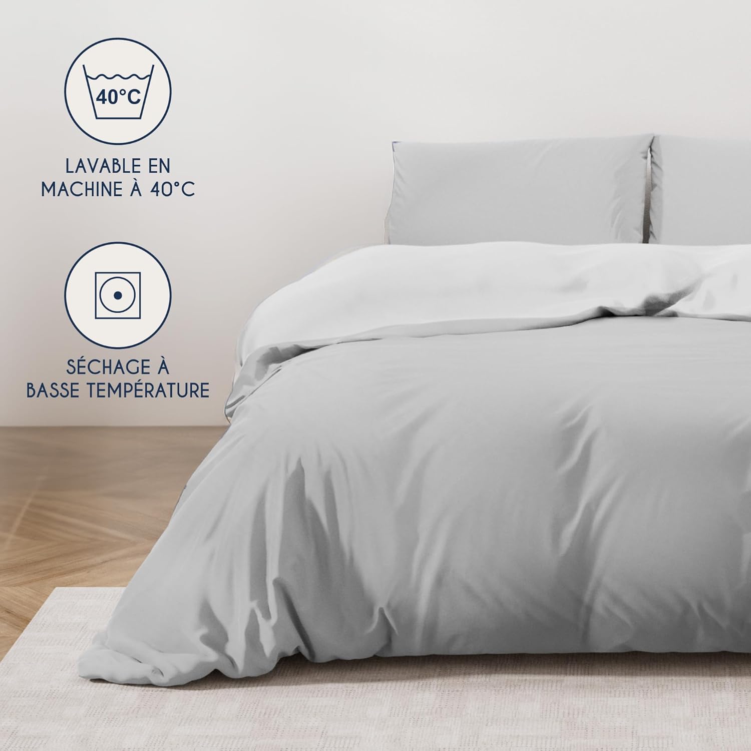 Thumbnail 4 de Dreamzie Parure de lit 200x200 en microfibre : housse de couette 200x200 et 2 taies 65x65 gris clair/blanc