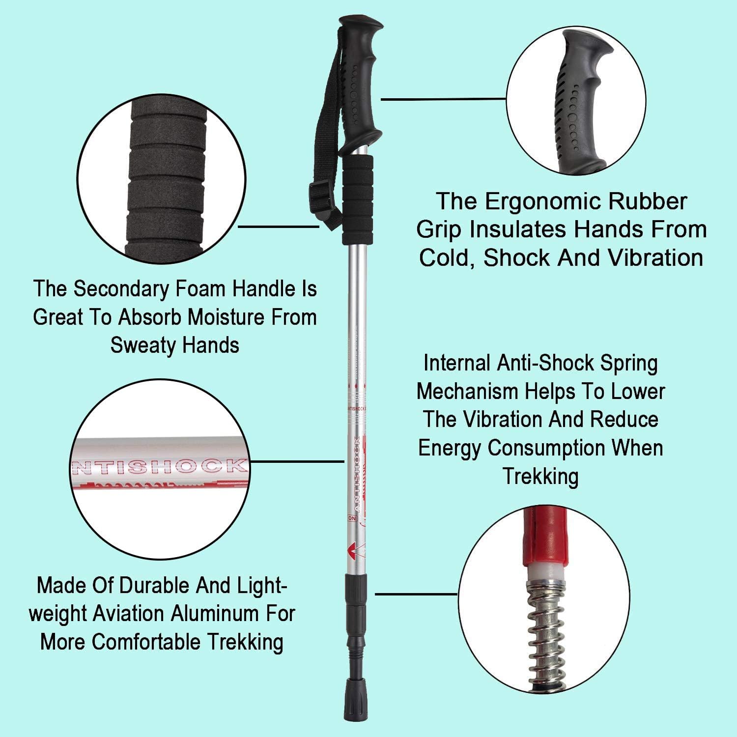 Detalle 2 de Aihoye Rexmon Silver Pole Trekking Poles, Aluminum, Anti-Shock, 25"-52