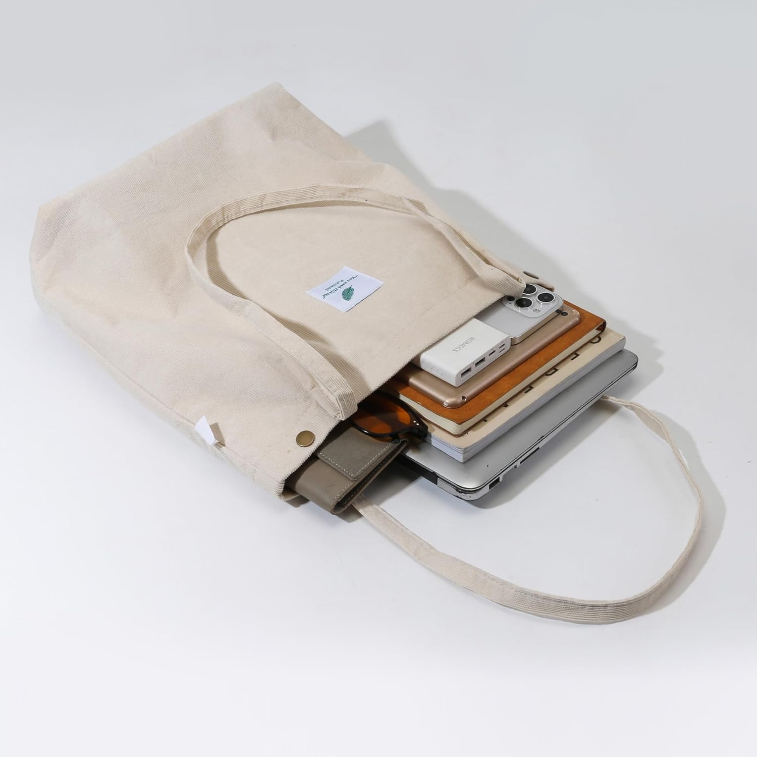 Thumbnail 3 de Funtlend Umhängetasche Damen Groß aus Cord mit gefütterter Jute – Shopper für Uni, Arbeit & Schule (Braun)