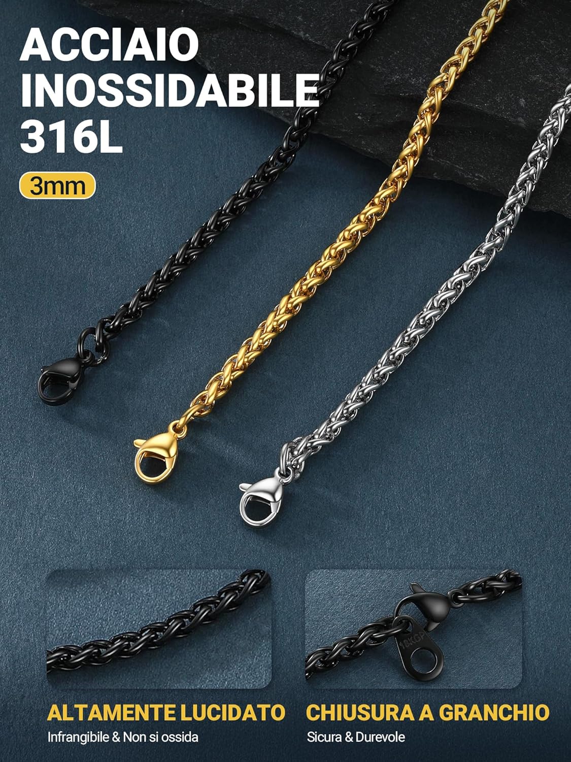Thumbnail 2 de PROSTEEL Collana 3MM Catenina Uomo in Acciaio: stile hip hop e chic, lunghezze 46–76 cm