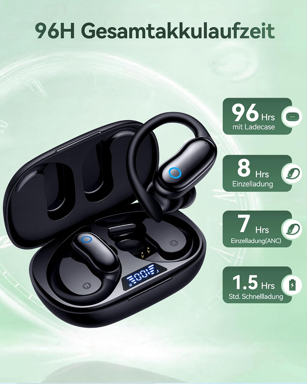 Detalle de CAPOXO V7 Sport Kopfhörer mit Ohrbügel – ANC, Transparenzmodus, 96 h Laufzeit, IPX7