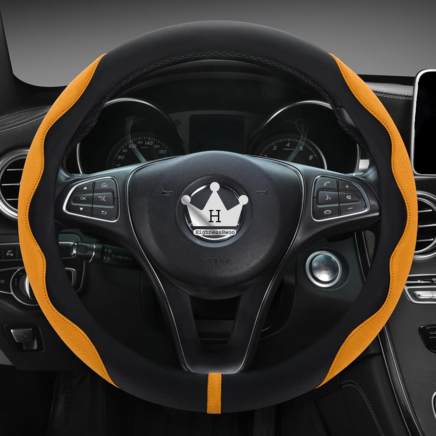 Detalle de HighnessHwoo Luxury Suede Steering Wheel Cover – Soft Leather Padded, Universal Fit (14.75–15.15in) in Orange