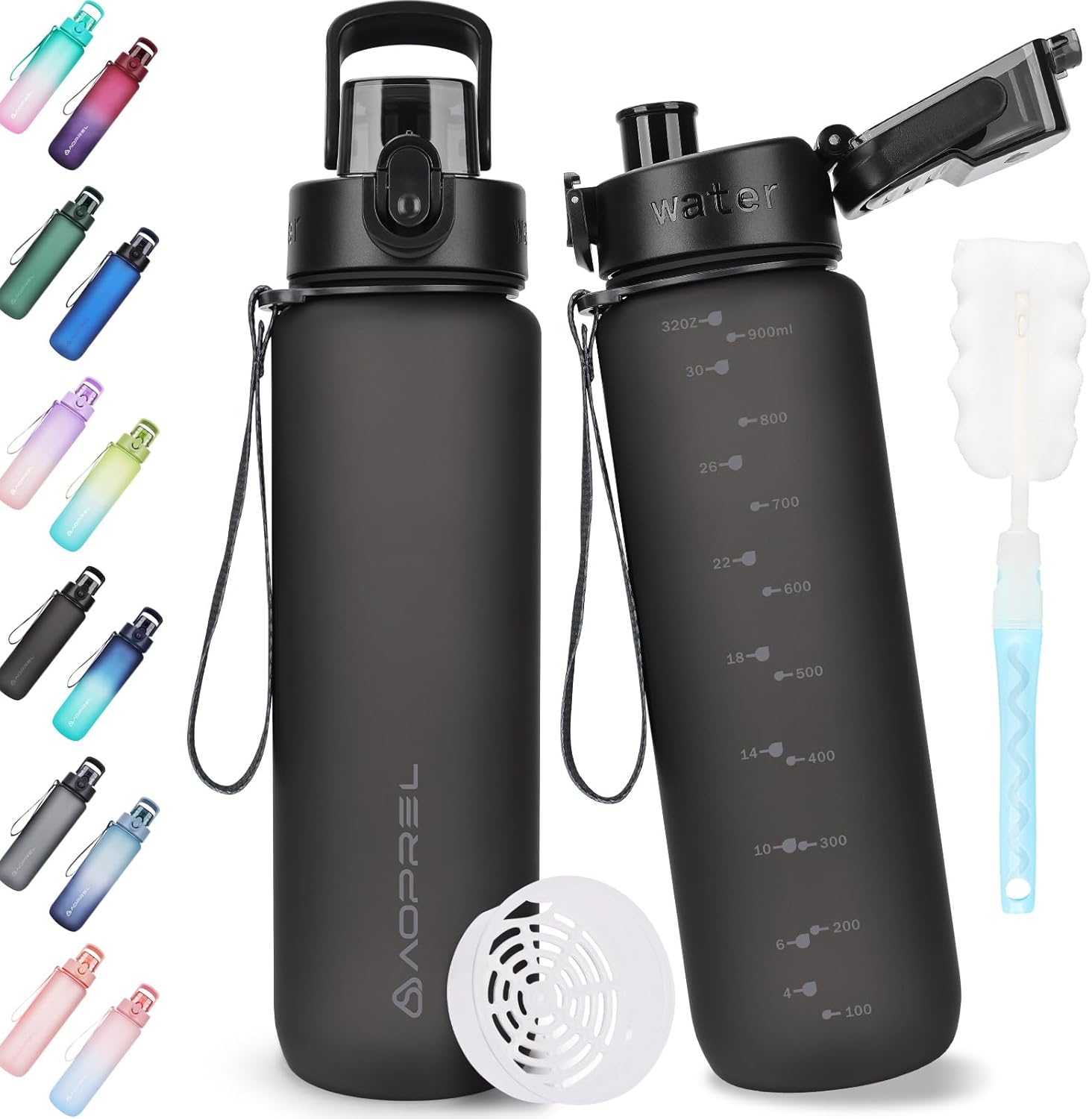 AOPREL Trinkflasche 1 l aus Tritan (BPA-frei) mit Filter und Bürste – auslaufsicher für Sport, Wandern & Alltag