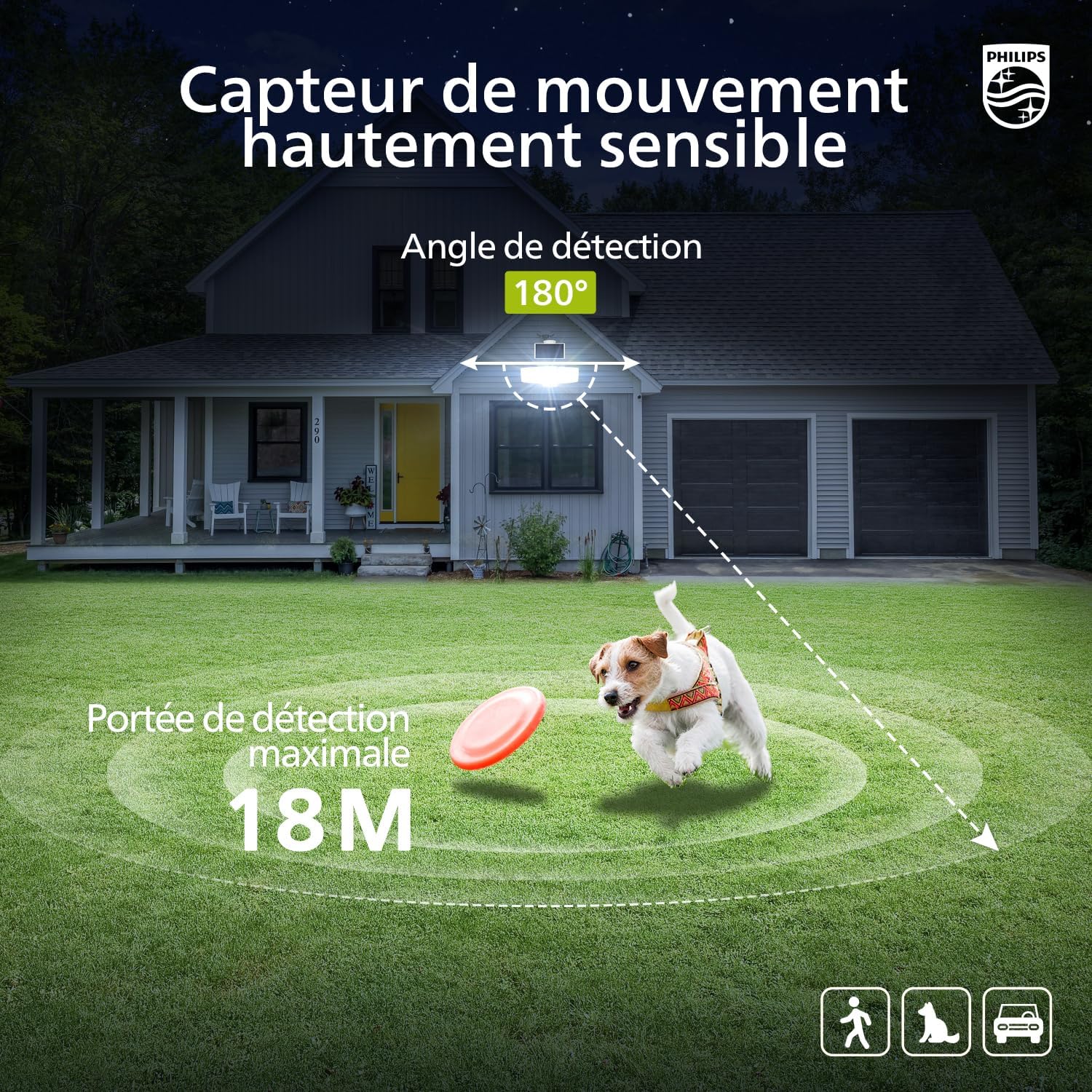 Detalle 1 de Philips lampe de Sécurité Solaires 3600LM: projecteur extérieur à 3 têtes, détecteur de mouvement PIR et panneau séparé