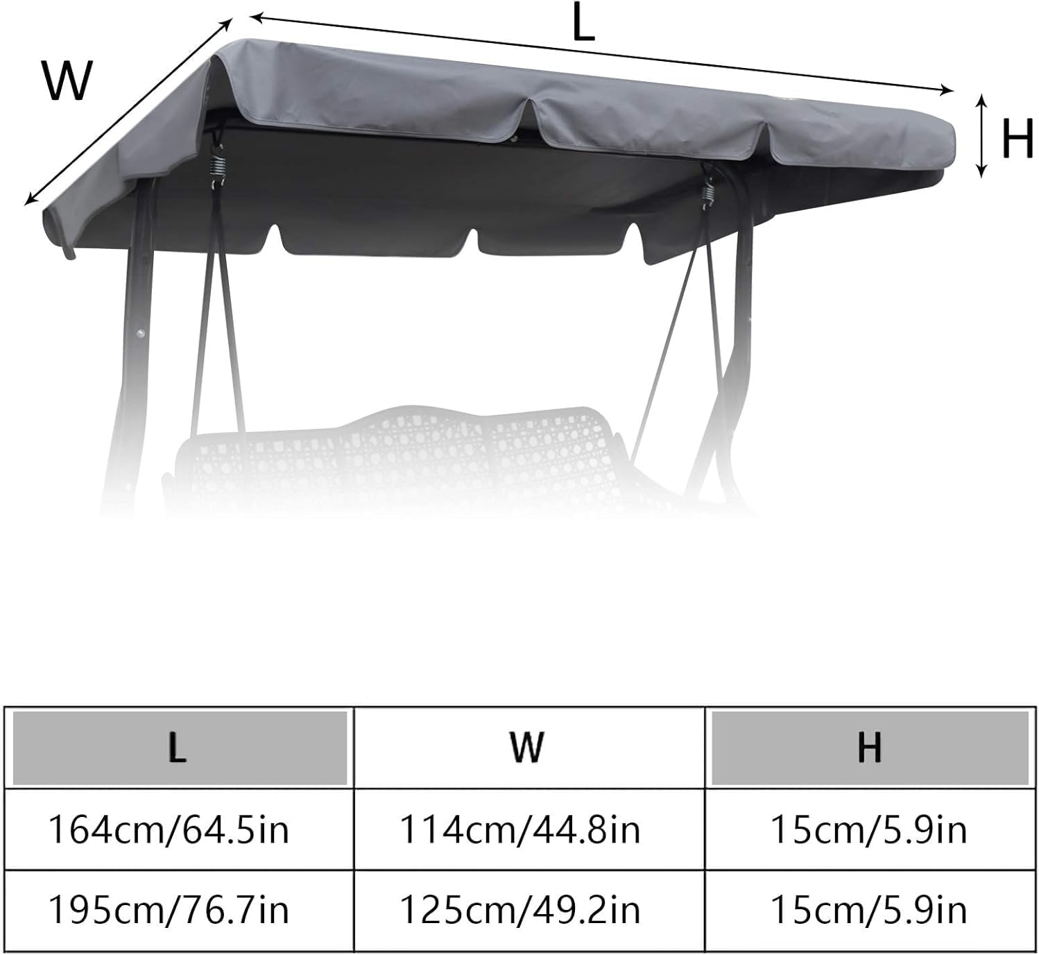 Detalle de HJSSAA Ersatzdach für Hollywoodschaukel (2 Sitzer) 164 x 114 x 15 cm – wetterfest, wasserdicht & UV-geschützt, grau