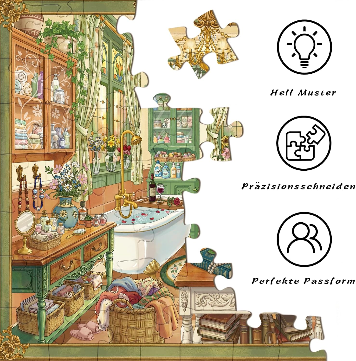Thumbnail 6 de HUADADA 1000-Teile Puzzle Vintage Badezimmer – mattes Öldruck, augenschonend, staubfrei, 70 × 50 cm