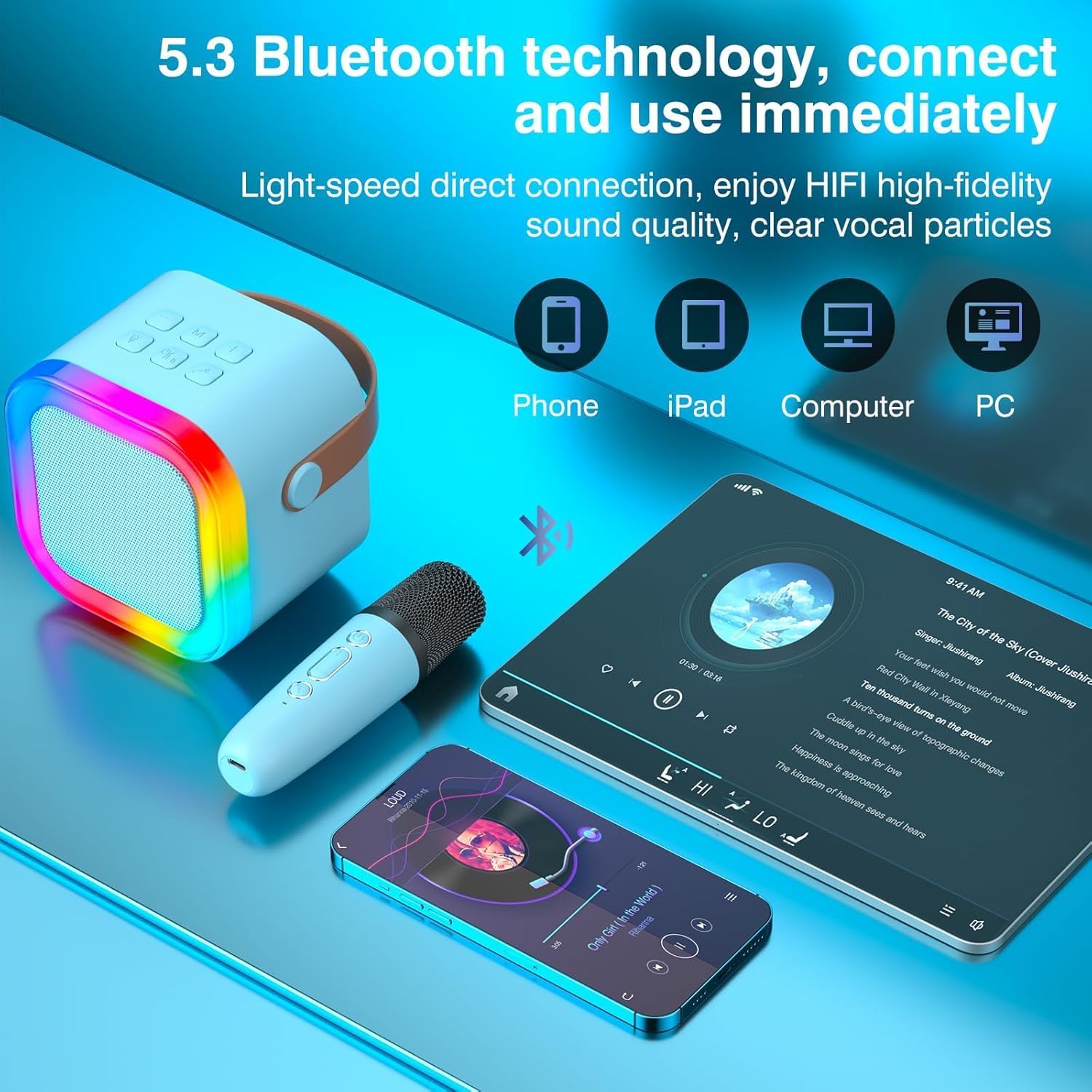 Thumbnail 2 de TAEMVV K12 Mini Karaoke Machine with 2 Wireless Microphones and LED Lights, Blue