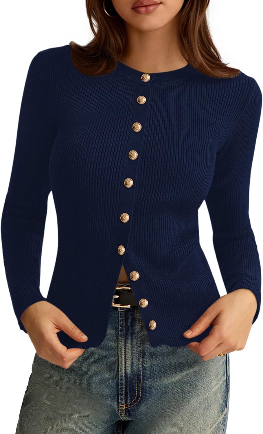 Detalle de PRETTYGARDEN Women's Ribbed Knit Cardigan, Lightweight Slim-Fit Button-Up