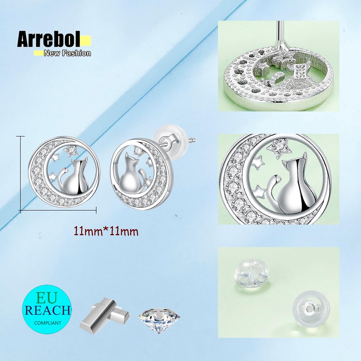 Thumbnail 4 de Arrebol Boucles d'oreilles Femme Argent Sterling 925 avec Zirconium — Chaton lune, cadeau raffiné