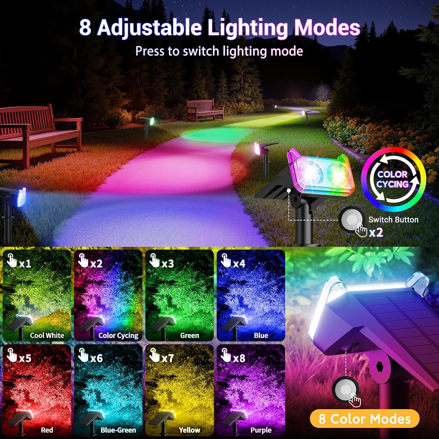 Thumbnail 1 de GEARLITE 4er-Set bunte Solarlampen für außen mit RGB & 8 Modi, 800 lm, IP65