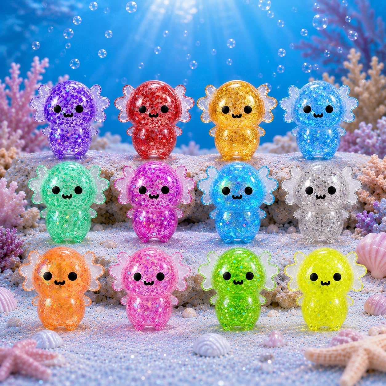 Detalle 2 de 12-Pack Axolotl Squishy Toys for Kids – Glittery Stress Balls & Fidget Set
