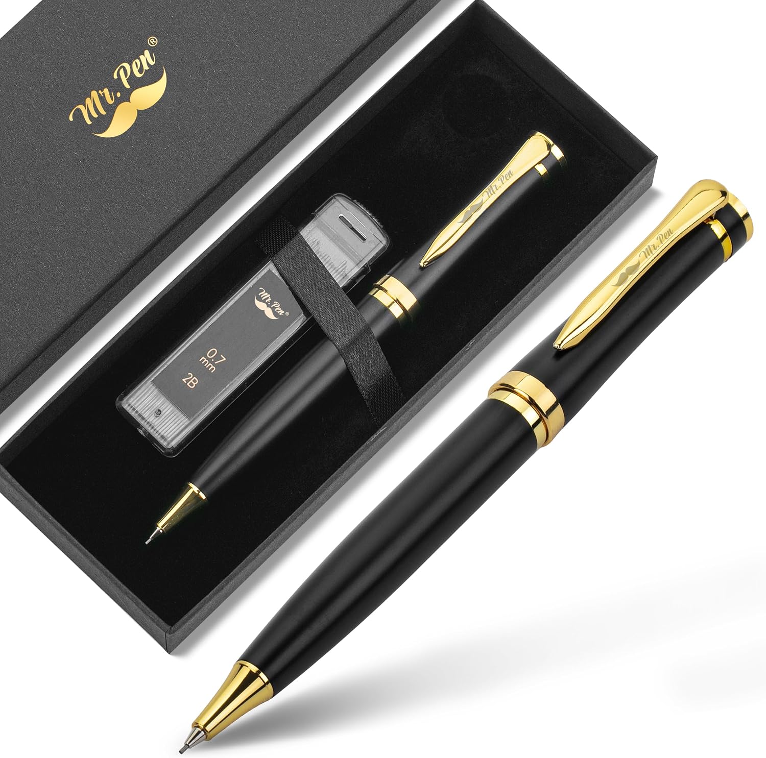 Detalle de Mr. Pen 0.7mm 金属製シャープペンシル ブラック×ゴールド、2B芯ケース・ギフトボックス付き