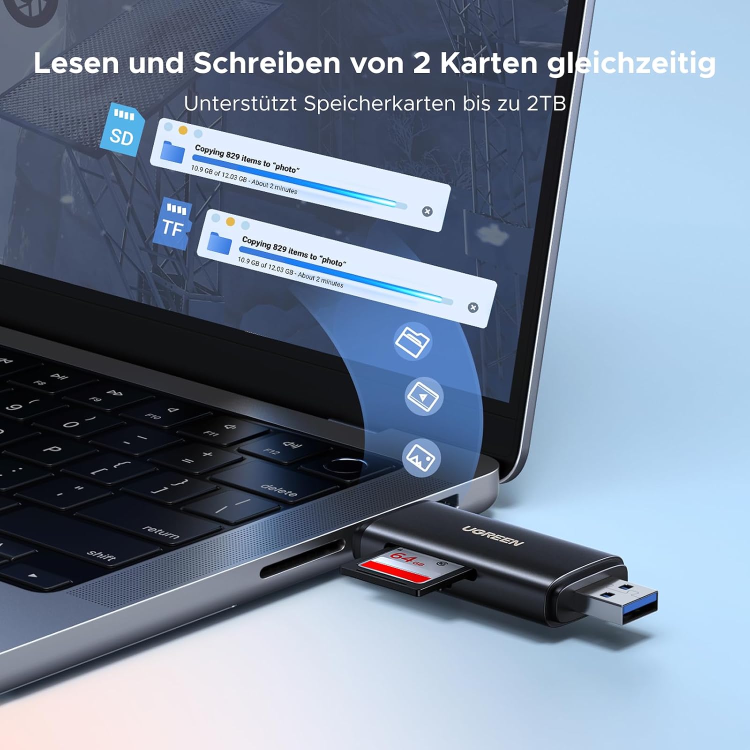 Detalle de UGREEN SD Kartenleser 2-in-1 USB-C/USB-A mit Dual Slot – SD/ Micro SD bis 2 TB, 312 MB/s