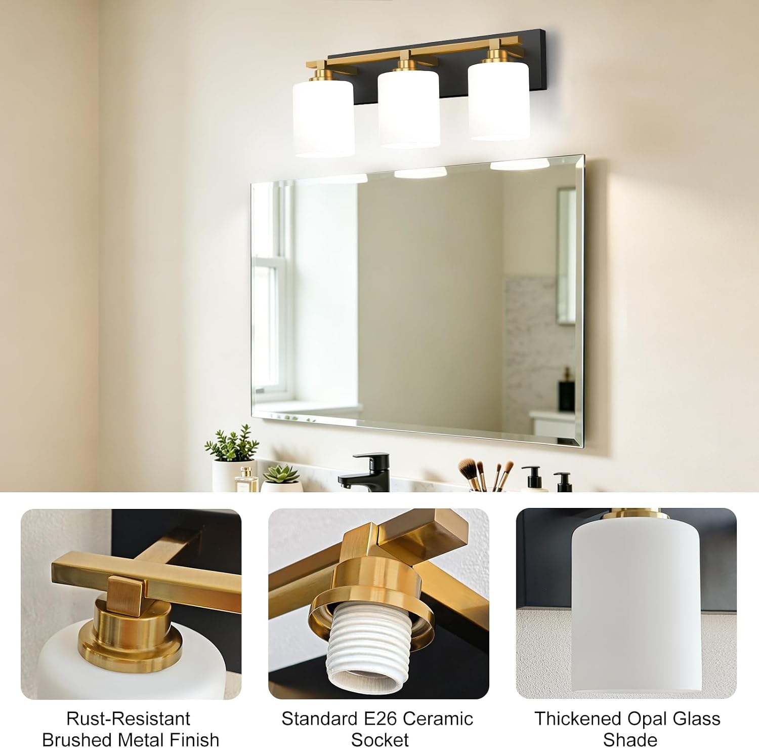 Detalle de LKHF Vanity Lights 3-Light Bathroom Fixture, Black and Brushed Gold, 20-inch