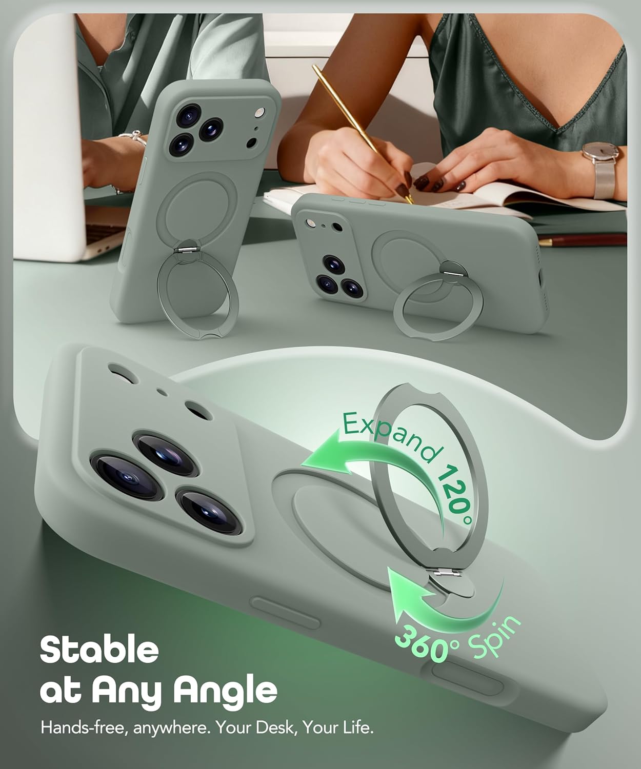 Thumbnail 3 de GolbinBox for iPhone 17 Pro Max Case with 360° Spin Magnetic Stand — Grey Green