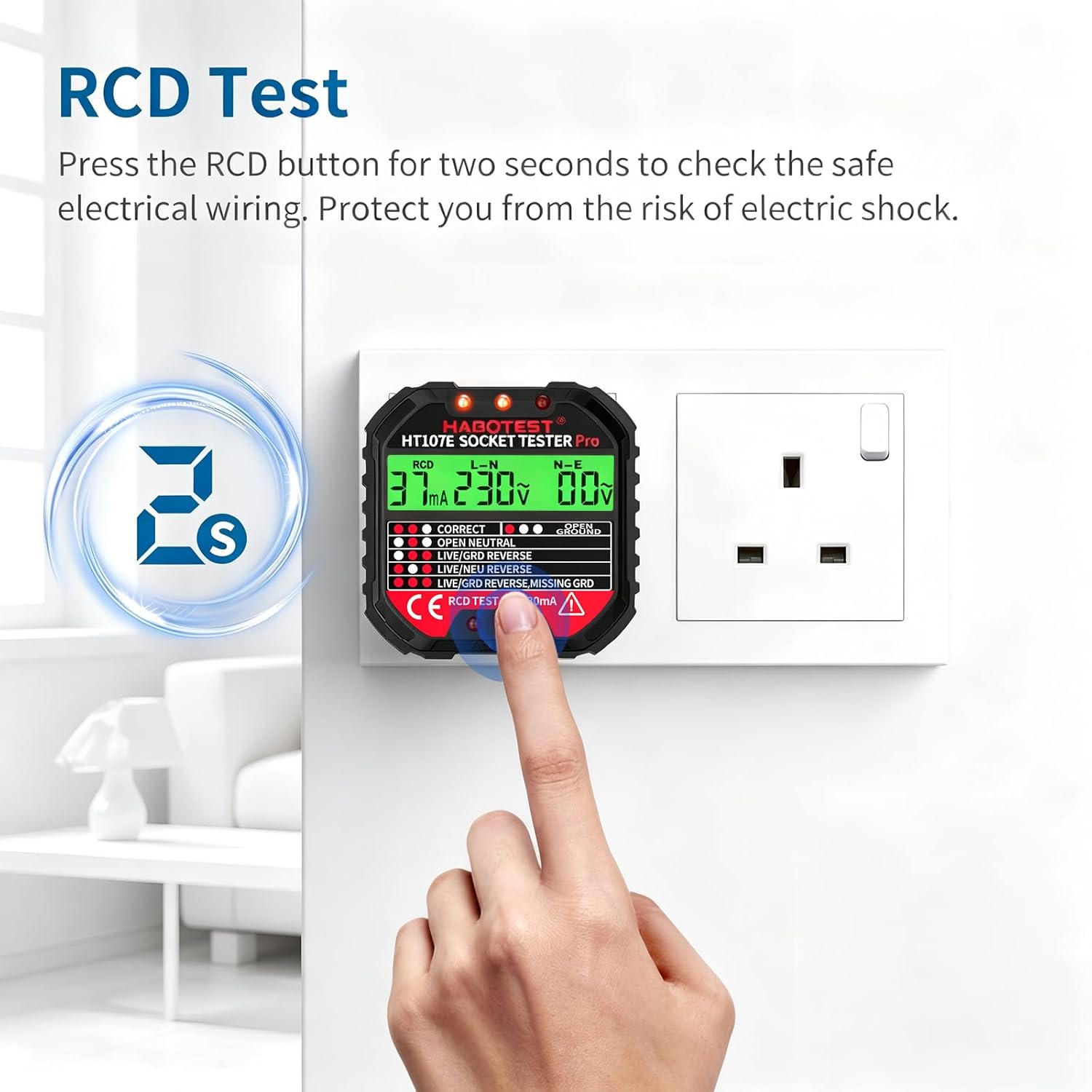Detalle 2 de YOJOCK Socket Tester RCD Plug Outlet Tester with LCD Display (Electrical Receptacle Detector)