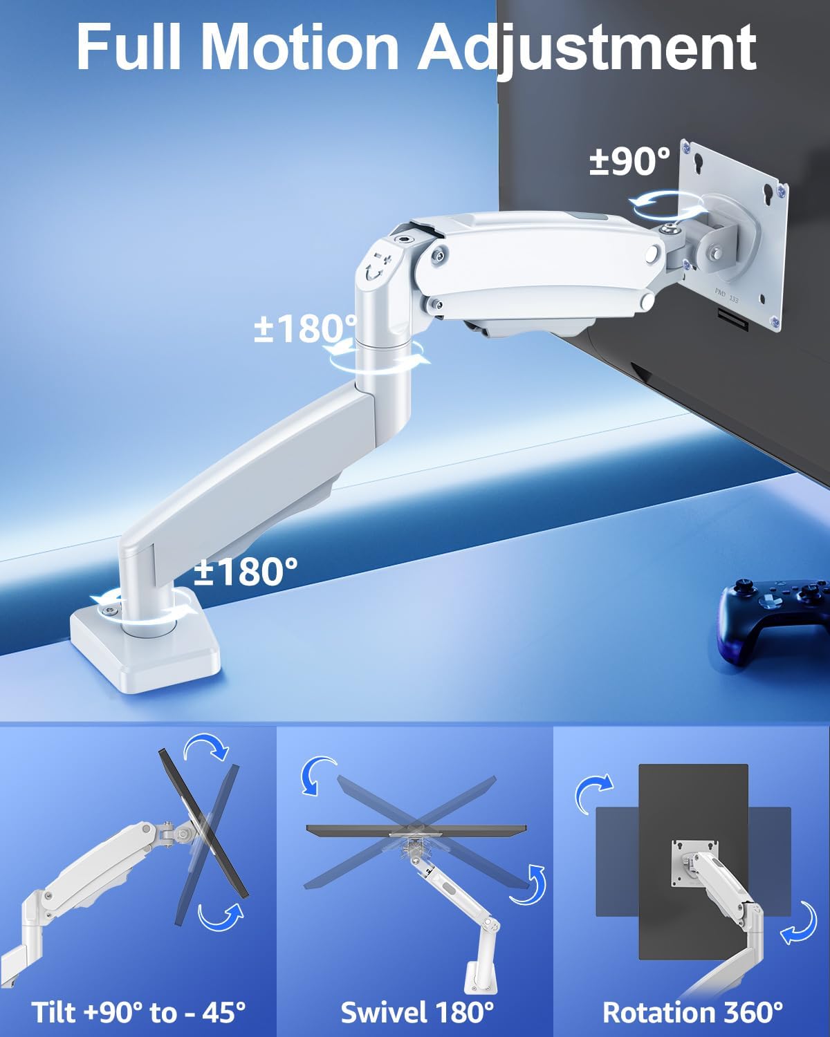 Detalle de MOUNTUP Pro White Single Monitor Arm, 22–32 Inches, 4.4–22 lbs