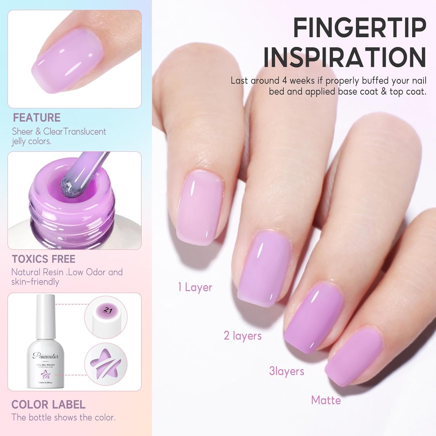 Thumbnail 5 de PEACECOLOR Vernis semi permanent Jelly – kit de 6 couleurs transparentes (rose, jaune, vert, bleu, violet, lila)