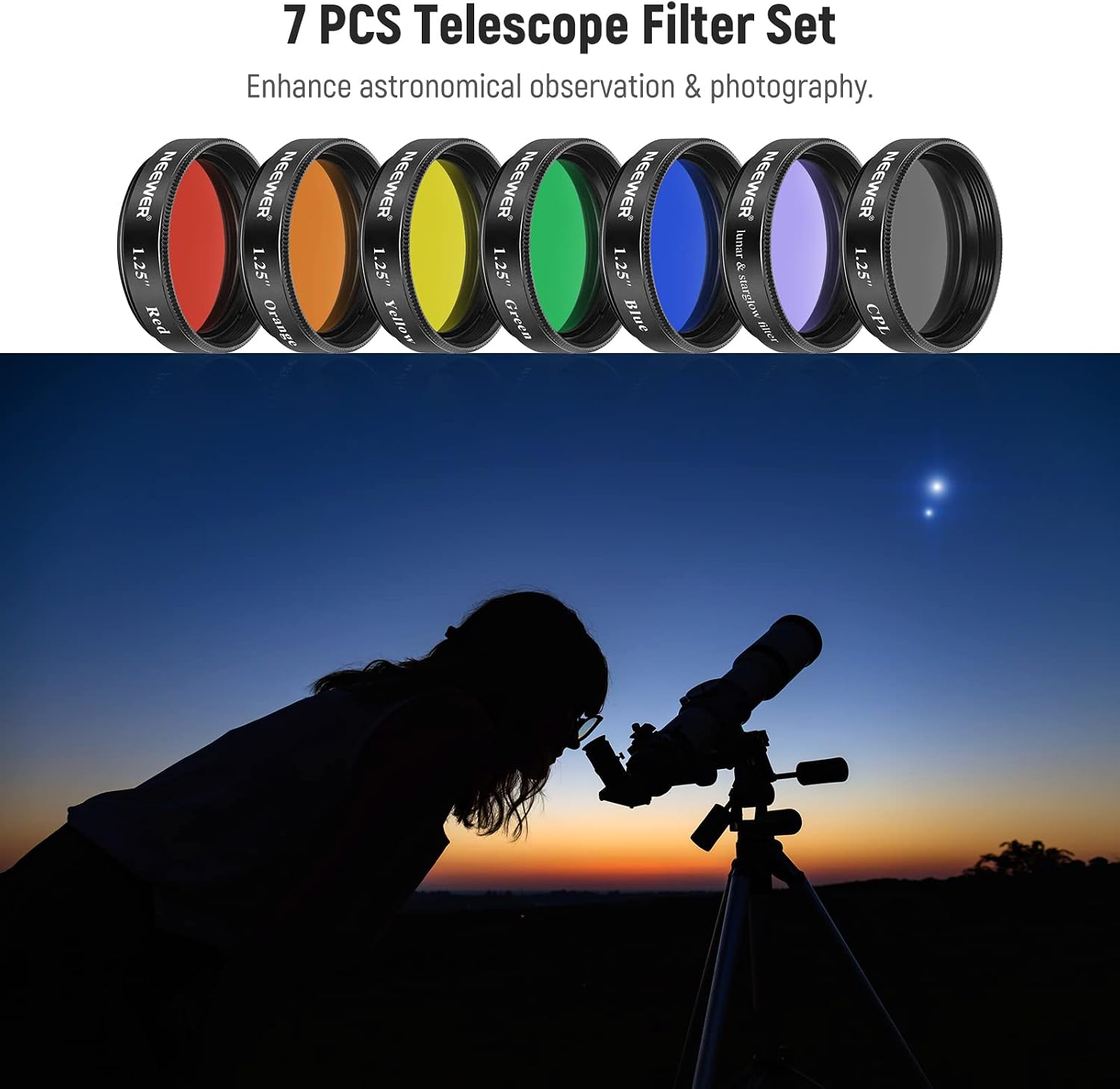 Detalle 2 de Neewer 1.25-inch Telescope Filter Kit: CPL + Moon & Skyglow + Red/Orange/Yellow/Green/Blue Eyepiece Filters